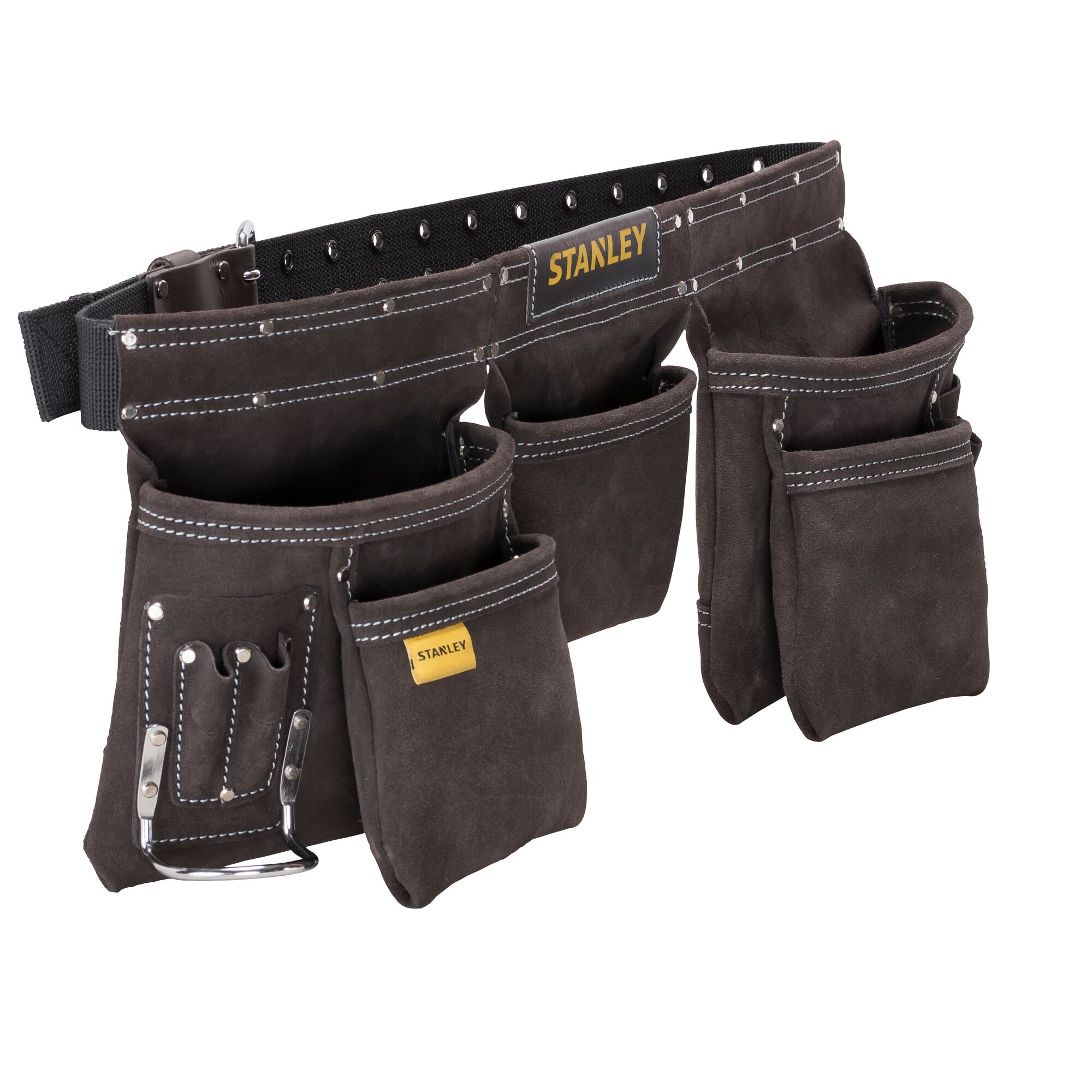 Ceinture porte-outils en suède STANLEY STST1-80113 à plusieurs poches, angle avant sur fond blanc.